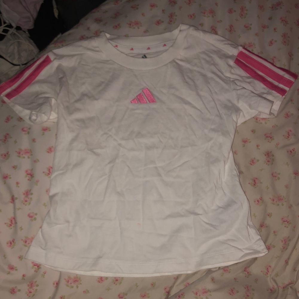 adidas White Tee with Pink Striped Logo and Sleeves